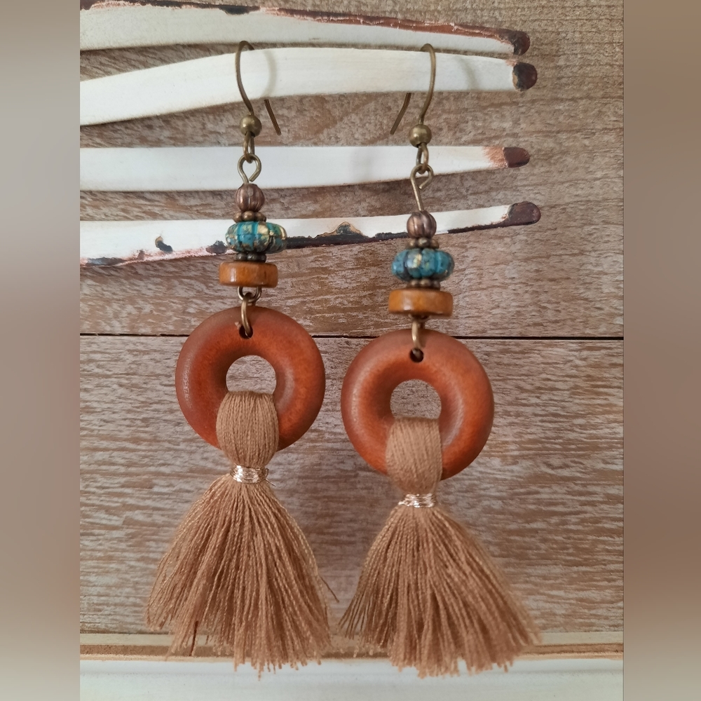 Boho Wood and Turquoise Drop Tassel Earrings